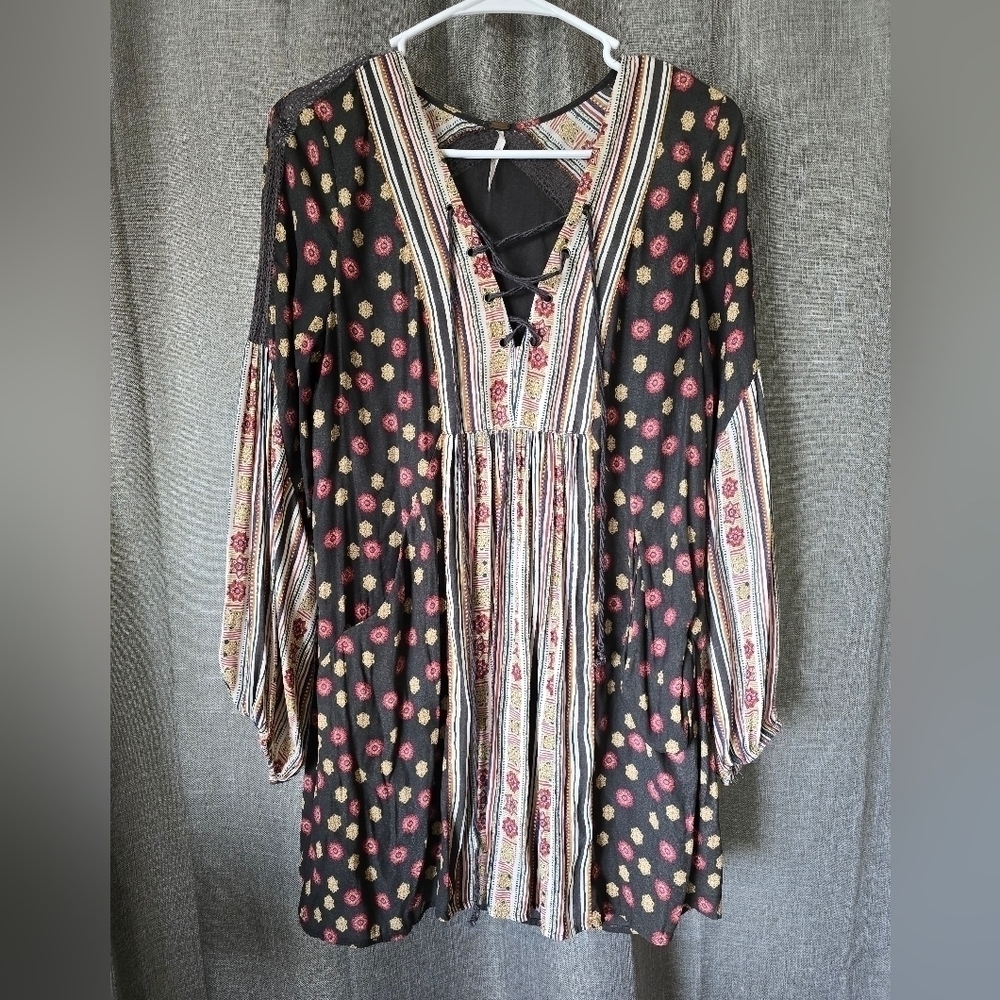 Free People Rain Or Shine Mini Boho Lace-Up Dress Tunic Flowy Woman Size XS